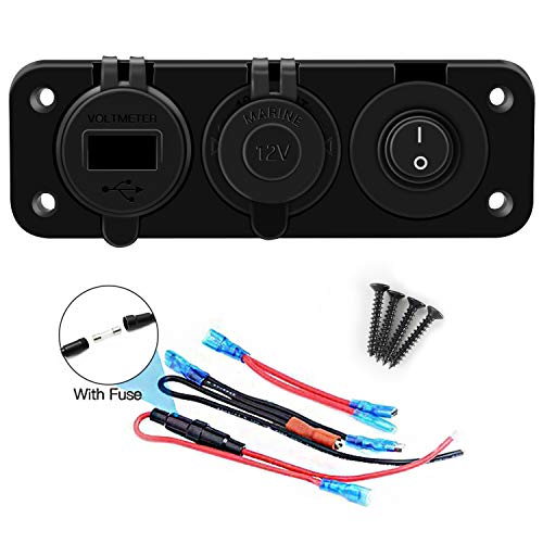 FXC 4 in 1 Marine Switch Panel, 12V 4.8A Dual USB Charger Socket Power Outlet & LED Voltmeter & Cigarette Lighter Socket & LED Lighted ON Off Rocker Toggle Switch for Truck Car Marine Boat RV
