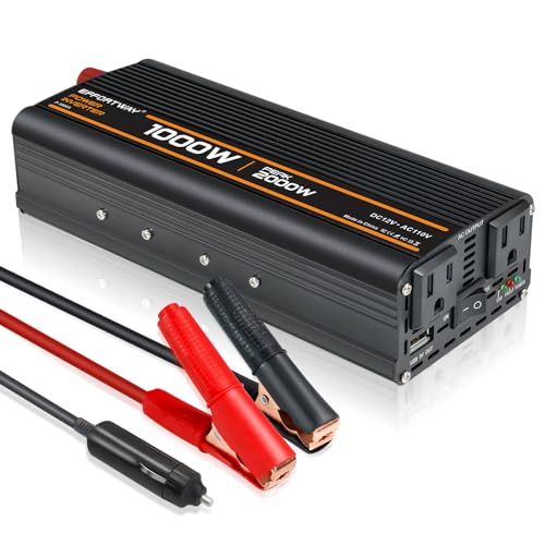 1000W Power Inverter, Inverter 12V to 110V with 2 AC Outlets, 2.1A USB Port, Car Power Inverter with Alligator Battery Clamp for Phone, Laptop on Camping, Road Trip - size: 1000W