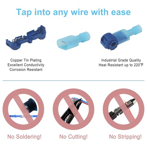 60 Pcs/30 Pairs Quick Splice Wire Terminals T-Tap Self-Stripping Nylon Fully Insulated Male Quick Disconnects for Automotive Wiring (22-10 AWG)