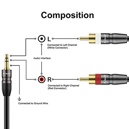 J&D 3.5 mm to Dual RCA Male Stereo Audio Cable, Heavy Duty RCA Cable Gold Plated Copper Shell 3.5mm Male to 2 RCA Male Cable for Smartphone/MP3 Player/Tablet, 1 Feet - size: 1 Feet