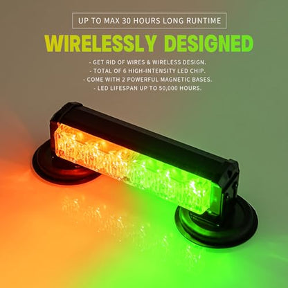 Amber/Green Magnetic Wireless Flashing Strobe Light for Vehicles Trucks Car, Battery Operated Rechargeable LED Safety Beacon Lights, Mini Portable Emergency Warning Light Bar (2-Pcs, 2×8in) - color: 2pcs Amber/Green