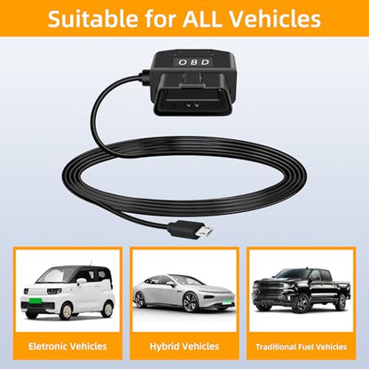 GELRHONR OBD Power Cable for Dash Camera, Micro USB OBD2 Dashcam Hardwire Kit with 24 Hours Surveillance and Acc 2 Mode 12-24 V to 5V/3A 11.5FT, for EV Hybrid Fuel Vehicles(Straight Micro USB Black) - color: Straight Micro USB Black