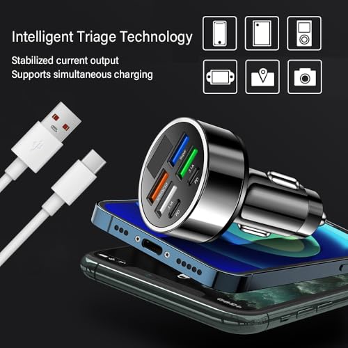 Car Charger USB C with LED Voltage Display,6 Ports PD and QC3.0 Car Cigarette Lighter Adapter for Phone Tablets Fans,Universal 12V/24V Cigarette Lighter USB Charger