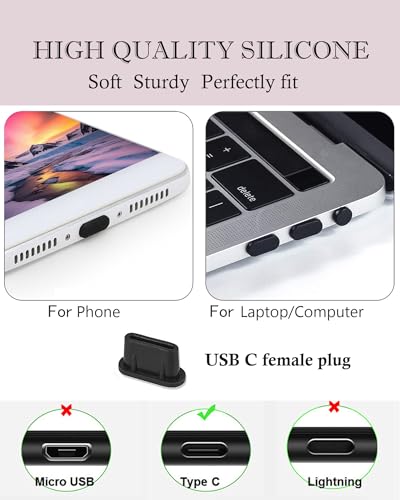 USB C 먼지 플러그 실리콘 소프트 스너글리 먼지 방지 플러그 커버 클리닝 브러시 아이폰 15 삼성 갤럭시 구글 픽셀 맥북 아이패드 스위치 모든 타입 C 포트 장치와 호환 20개 블랙