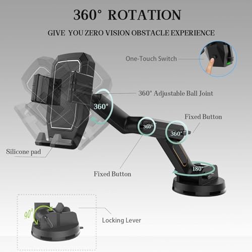Yoidesu Phone Mount for Truck, 16.9 Inch Long Arm Mobile Device Holder for Dashboard Window with 360 Degree Rotation, Strong Suction Hold for Truck, Bus, SUV