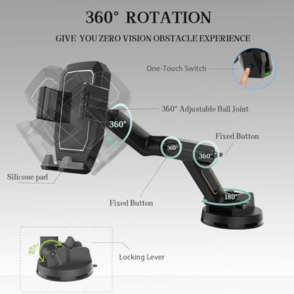 Yoidesu Phone Mount for Truck, 16.9 Inch Long Arm Mobile Device Holder for Dashboard Window with 360 Degree Rotation, Strong Suction Hold for Truck, Bus, SUV
