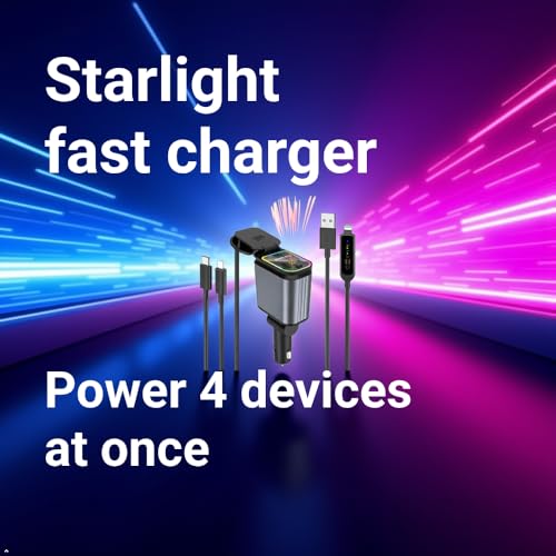 Retractable Fast Car Charger Adapter for Cell Phone USBC 4 in 1 Port Super Fast Charger Retractable USB C Cable Dual Extension Cord Ports Car Cigarette Lighter Adapter Cargador de Carro Carga Rapida