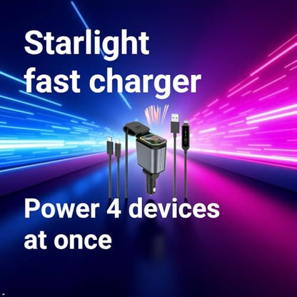 Retractable Fast Car Charger Adapter for Cell Phone USBC 4 in 1 Port Super Fast Charger Retractable USB C Cable Dual Extension Cord Ports Car Cigarette Lighter Adapter Cargador de Carro Carga Rapida