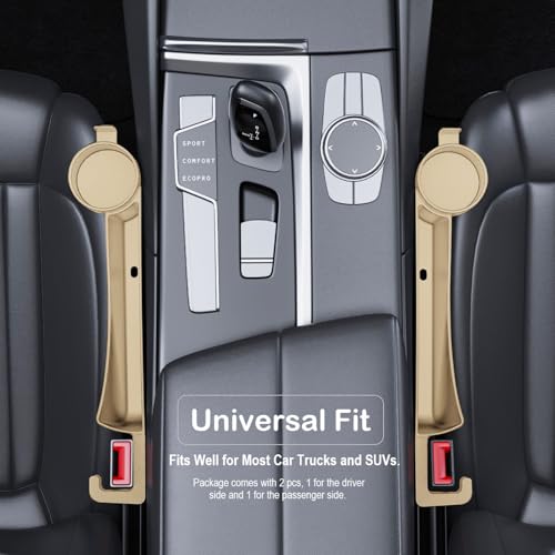 Car Seat Gap Plug with Storage Slot, Auto Gap Filler Organizer with Cup Holder, Universal Carseat Side Gap Filler Strip 2 Pack Between Front Seats & Console, Anti-Drop Pad with Seatbelt Holes, Beige - color: Beige, Cup Holder & Hook