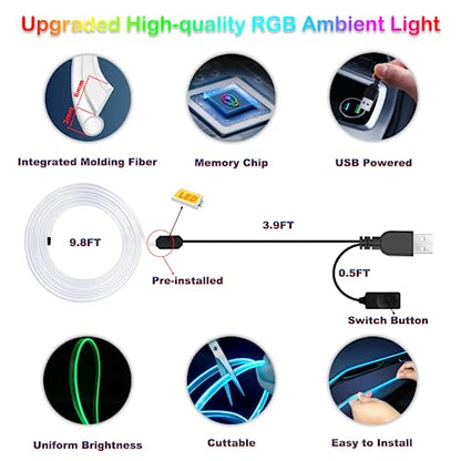 Jushope Interior Car LED Strip Lights, RGB USB Car Ambient Lighting, Car Accessories Fiber Optifc Lights Sync to Music (1 LED/118 inches) - size: 1 LED/118 inches