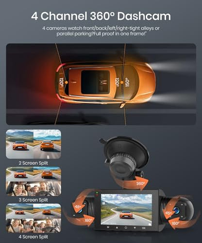Rimoody 4-Channel 360° Dash Cam, 1080P Full HD Car DVR WiFi App Control
