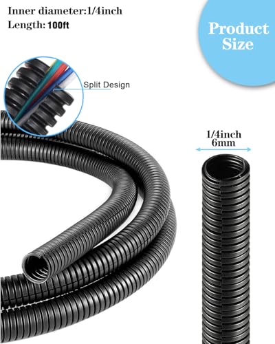 1/4 Inch Wire Loom Split Tubing - 100ft Cord Protector Electric Wires Covers, Automotive Wire Flexible Conduit, Plastic Wire Cover - size: 1/4"-100ft
