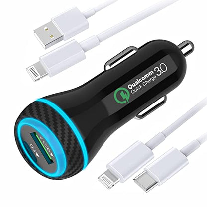 MOCA USB-C Car Charger, 51W USB-C & USB-A 2-Port PD/QC 3.0 Car Power Adapter W/ 2pcs 3.3ft A-P/C-P Cable Car Charger for iPhone 17/16/15 Series, Samsung Galaxy S25/S24/S23 Series, iPad Pro, AirPods - color: Carbon Fiber Texture