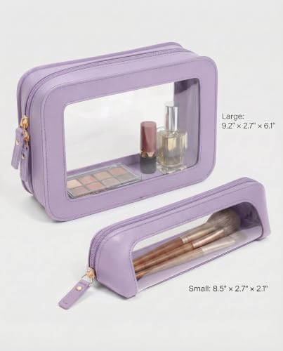 LETGO Makeup Bag Set Cosmetic Pouch for Women Waterproof PU Leather,Travel Toiletry Bag Cute Makeup Organizer Purse Pouch Preppy Pencil Case with Zipper (2Pack-Standard&Slim, Purple) - color: Purple, style: 2pack-standard&slim
