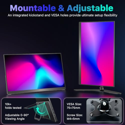 VisionOwl Portable Monitor 19 Inch 4K UHD 144Hz 560 nits 125% sRGB Second Screen, USB-C HDMI HDR Travel Monitor for Laptop PC MacBook PS5 Xbox, VESA Mountable, with Speakers, Built-in Kickstand - size: 19 inch