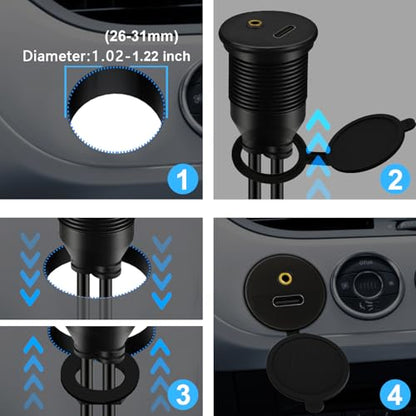 USB 3.0 Male to USB C Female & 3.5mm Male to Female Car Mount Flush Cable AUX Extension Dash Panel Waterproof Mount Cable for Car Boat and Motorcycle, 3ft - size: 3ft, style: U3 to C3 & 3.5mm to 3.5mm