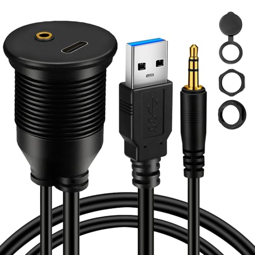 USB 3.0 Male to USB C 3.0 Female & 3.5mm Male to Female Car Mount Flush Cable AUX Extension Dash Panel Waterproof Mount Cable for Car Boat and Motorcycle 1ft - size: 1ft, style: U3 to C3 & 3.5mm to 3.5mm