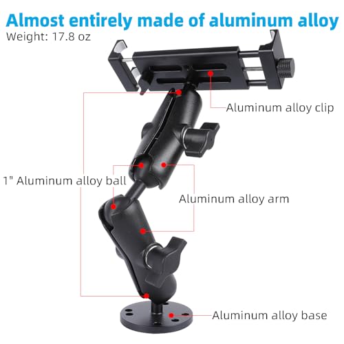All-Aluminum Heavy Duty Drill Base Tablet Holder Mount for 4.7"-15" iPad Pro,Mini,Samsung Galaxy Tab, Surface, 360°Adjustable 2-Stage Arm Car Stand for Truck Dashboard Wall Desk Commercial Vehicle