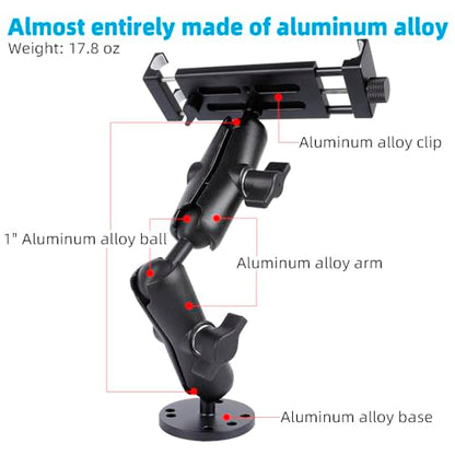 All-Aluminum Heavy Duty Drill Base Tablet Holder Mount for 4.7"-15" iPad Pro,Mini,Samsung Galaxy Tab, Surface, 360°Adjustable 2-Stage Arm Car Stand for Truck Dashboard Wall Desk Commercial Vehicle