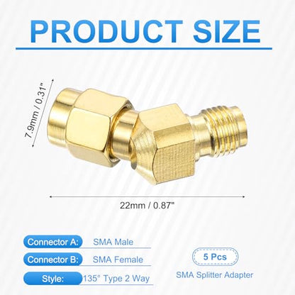 MECCANIXITY 5Pcs 135° Type SMA L-Shape Adapter SMA Male to Female Adapter Converter 50 Ohm for Antennas, Signal Monitoring, Test Bench, Router, Car Navigation, Gold