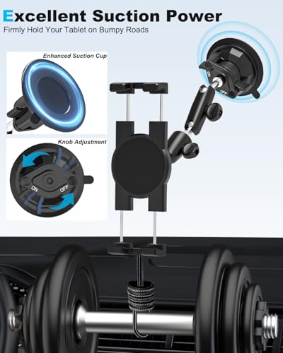 Dashboard Windshield Car Tablet Holder, Strong Suction Cup - [Foldable Phone Friendly] Truck Car Tablet Mount with 360° Metal Arm for Samasung Tabs, Galaxy Fold 7 6 5 4 3 2, Google Pixel, iPad, iPhone