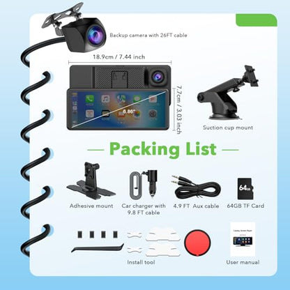 TOGUARDGO 6.86" CarPlay Screen with Dual Dash Cam 2.5K Front 1080P Rear