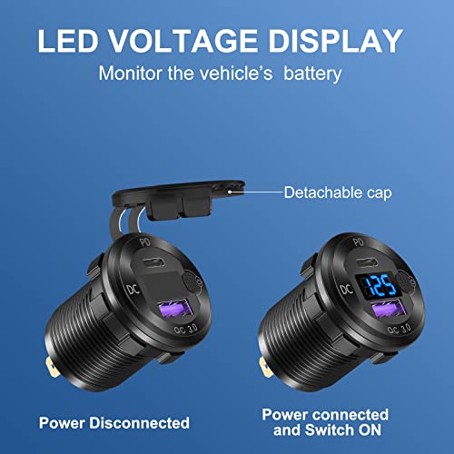 12V USB C Aluminum Car Charger Socket, 12 Volt Outlet, PD 20W and Quick Charge 3.0 18W Car USB Port Waterproof with Voltmeter & Power Switch, Suitable for Marine Truck Motorcycle Boat Golf cart RV - color: Aluminum