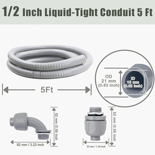 Liquid-Tight Conduit and Connector Kit - 1/2 Inch 5 FT Non Metallic Liquid Tight Electrical Conduit with 1 Straight and 1 Angle Fittings - size: 1/2inch 5 Ft