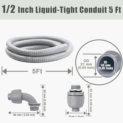 Liquid-Tight Conduit and Connector Kit - 1/2 Inch 5 FT Non Metallic Liquid Tight Electrical Conduit with 1 Straight and 1 Angle Fittings - size: 1/2inch 5 Ft