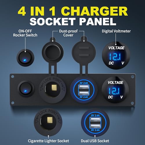 RVMARINEPAT 4 in 1 Charger Outlet Socket Panel 12V DC 4.8A Dual USB Power Outlet & 12 Volt Cigarette Lighter Socket & LED Voltmeter & Lighted ON/Off Rocker Toggle Switch for Marine Boat Truck RV Car - color: BLUE