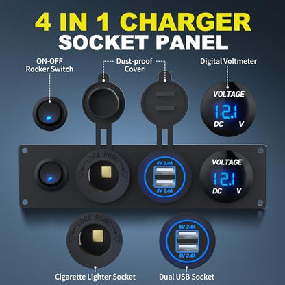 RVMARINEPAT 4 in 1 Charger Outlet Socket Panel 12V DC 4.8A Dual USB Power Outlet & 12 Volt Cigarette Lighter Socket & LED Voltmeter & Lighted ON/Off Rocker Toggle Switch for Marine Boat Truck RV Car - color: BLUE