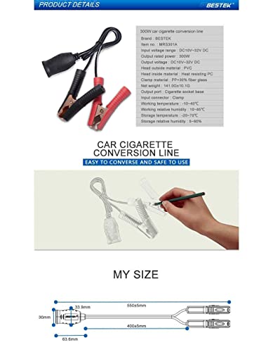 BESTEK 12V 24V Extension Cord Plug Socket with Battery Clamp, 3.9ft/1.2m 16AWG Battery Clip-On Car Cigarette Lighter Adapter
