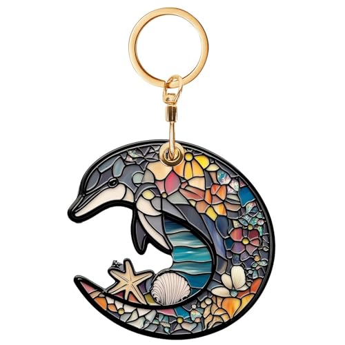 Dolphin Leather Keychain Case Holder,GPS Tacker With Keychain Ring,Stained Glass Style Access Card Scratch-Resistant,Finders Accessories For Pets, Luggage, Wallet, Backpacks - color: Dolphin