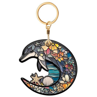 Dolphin Leather Keychain Case Holder,GPS Tacker With Keychain Ring,Stained Glass Style Access Card Scratch-Resistant,Finders Accessories For Pets, Luggage, Wallet, Backpacks - color: Dolphin