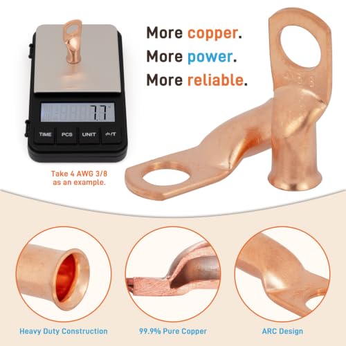 Sanuke 6pcs 4 Gauge 3/8" Wire Connectors, Battery Copper Lugs Terminals - color: Bare Copper, size: 4 Awg - 3/8" (M10)