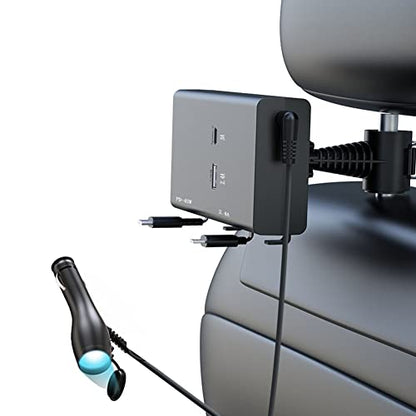 Retractable Backseat Car Charging Station Box,2 in 1 Car Charger,Max 65W Car Charger Adapter for Front and Back Seat Charging,Charging Dock Attach to Headrest,Compatible with 12-24V Vehicles