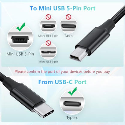 Short USB C to Mini USB Cable 0.25M, Braided USB-C to Mini-B 5-Pin Cord, OTG Charging Sync Data for PC Hero 3+, PS3 Controller, MP3/4, Dash Cam, GPS Receiver, and More Devices - size: 0.8FT