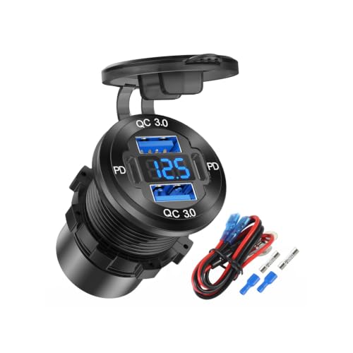 78W 4 Port 12V USB Outlet Car Charger,Dual PD & QC Multiple USB Port for Car, USB C Cigarette Lighter Replacement 12 Volt Socket with Voltmeter Waterproof for Marine Boat Motorcycle RV
