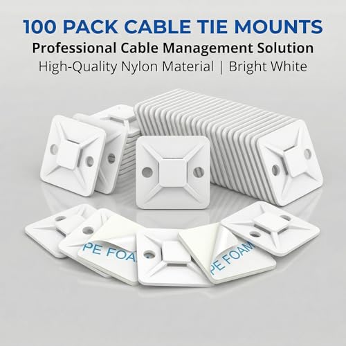 100 PCS 1" Adhesive Cable Tie Mounts – Strong Sticky Back Nylon Wire Holders for Cable Management in Home, Office, Car & Christmas Lights (White-100) - color: White-100pack