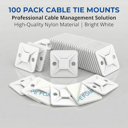 100 PCS 1" Adhesive Cable Tie Mounts – Strong Sticky Back Nylon Wire Holders for Cable Management in Home, Office, Car & Christmas Lights (White-100) - color: White-100pack