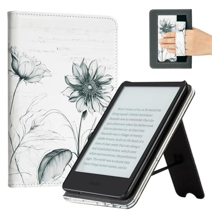 CoBak Case with Stand for for 6" Kindle (2024 & 2022, 11th Gen) – PU Leather Smart Cover with Auto Sleep/Wake & Hand Strap, Premium Protective Case for Kindle Basic,Burnt Sienna - color: Sketch Sunflower