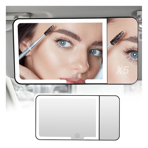 2026 New Car Vanity Mirror with Lights,5X Magnifying Car Visor Mirror with 3-Color Dimmable Lights & Smart Touch Control,Rechargeable Cars Makeup Mirrors for Cars/SUVs/Trucks
