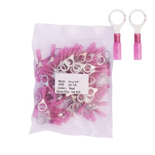100pcs 3/8" Pink Marine Grade Heat Shrink Ring Connectors, AWG 22-16 Gauge Tinned Red Copper 0.7mm Ring Terminals Connectors – Stable Connection, Efficient Protection - color: Pink, size: Ring 3/8"