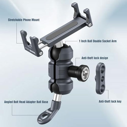 Motorcycle Phone Clip Kit, for 8-10mm Screw/Mirror Install, Anti-Theft Double Socket Arm/25mm Ball Top and Base, Suitable for Width of 2.56-3.74" Phone (KPS-04)