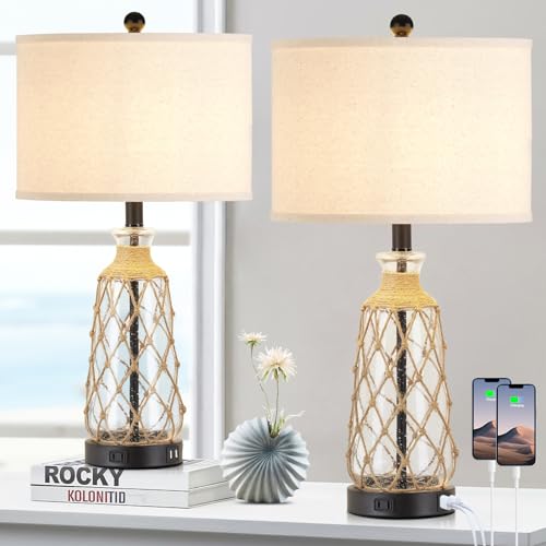 Ruzectt 25.5" Coastal Glass Table Lamps Set of 2, 3-Way Dimmable Touch Control Bedside Lamps with 2 USB Ports and AC Outlet, Clear Nautical Nightstand Lamp for Bedroom Living Room (LED Bulbs Included) - color: Clear