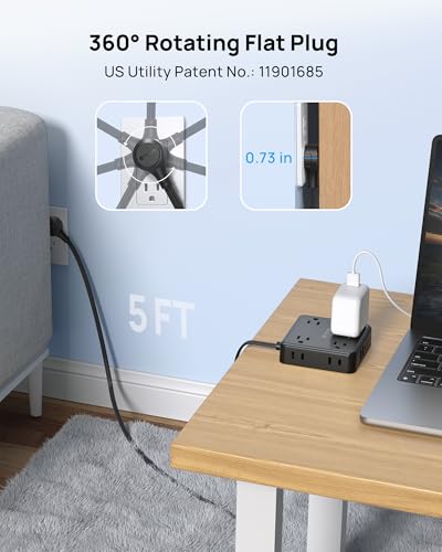 TROND 360° Rotating Flat Plug Power Strip 5ft, 8 AC & 4 USB (2U2C), Black - color: Black, size: 5FT, style: Rotating Plug-2U2C
