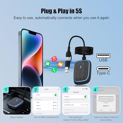 Wireless CarPlay Adapter for iPhone,Convert Wired to Apple Car Play Wireless Adapter, Plug and Play, with 60CM Extension Cable USB & Type-C, Connection Stable No Delay - style: Carbon fiber panels
