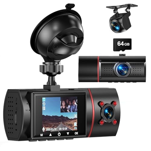 Dash Cam Front Rear and Inside, 3 Channel Dash Camera for Cars W/ 64GB Card - size: X25 3 Channel Dash Cam