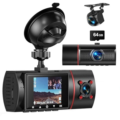 Dash Cam Front Rear and Inside, 3 Channel Dash Camera for Cars W/ 64GB Card - size: X25 3 Channel Dash Cam