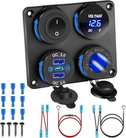 12V USB Charger Panel with PD 30W Ports& Dual QC3.0 18W: 4 in 1 Aluminum Waterproof RV USB Outlet, 150W Cigarette Lighter Socket, LED Voltmeter, Rocker Switch for Boat, Camper, Truck, Accessories